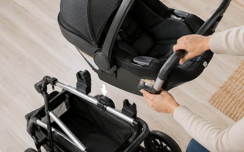 Car seat clicking into stroller frame